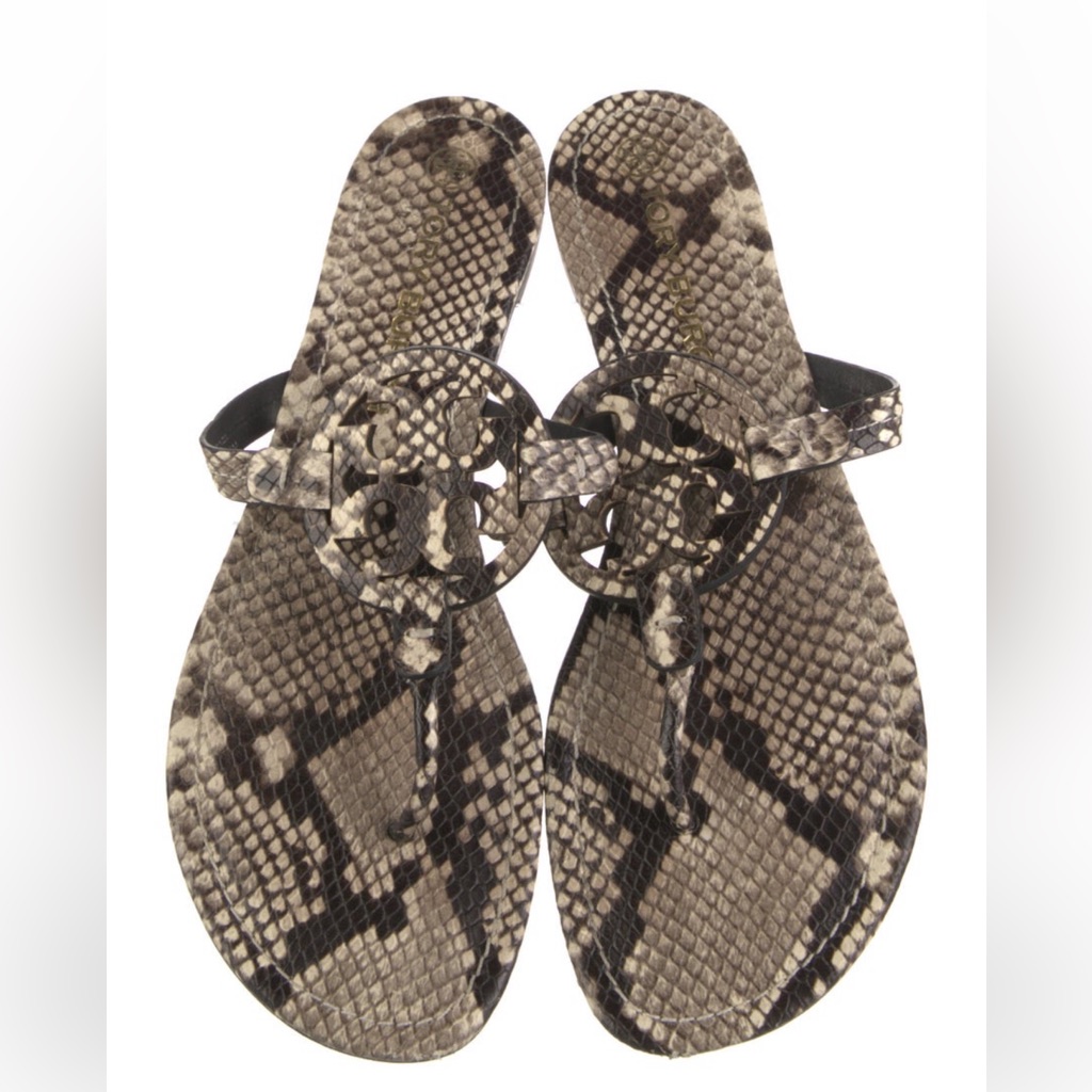 Tory Burch T-Strap Leather Snakeskin Pattern Sandals